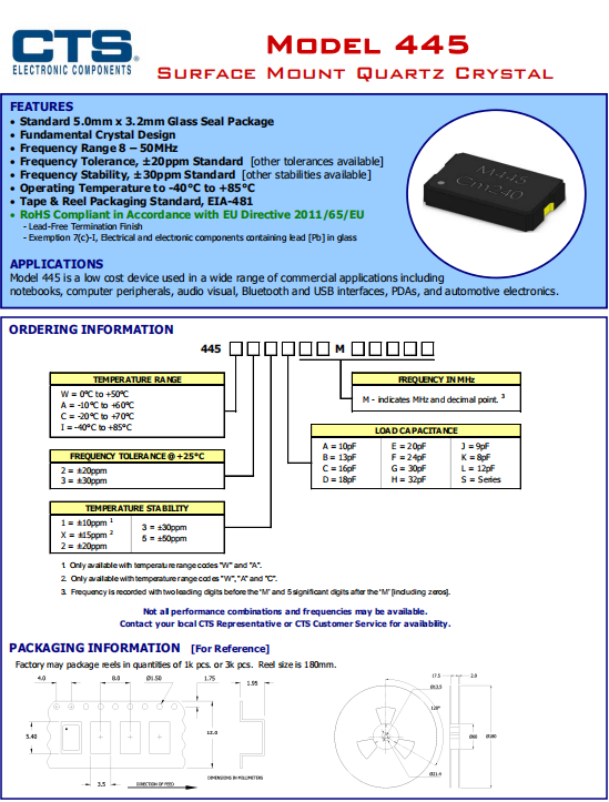CTS晶振,贴片晶振,445晶振,445C33D25M00000晶振
