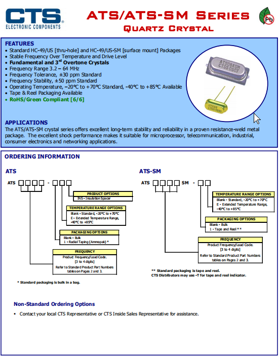 CTS晶振,石英晶振,ATS-SM晶振,ATS100SM-1晶振