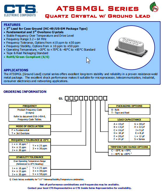 CTS晶振,贴片晶振,ATSSMGL晶振,GL240F33CDT晶振