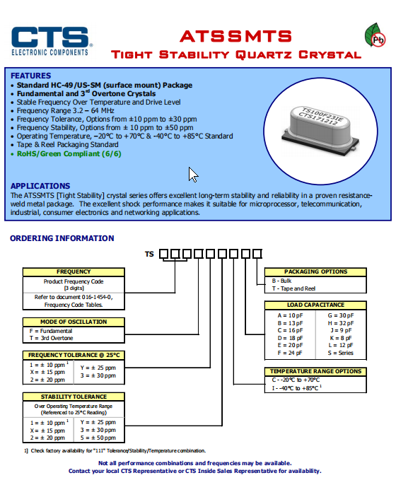 CTS晶振,石英晶振,ATSSMTS晶振,TS220F33CET晶振