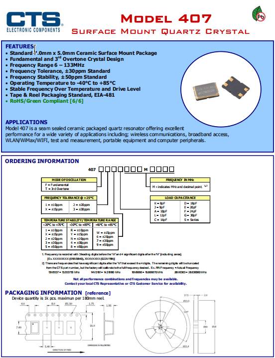 CTS晶振,贴片晶振,407晶振,407F35E022M1184晶振