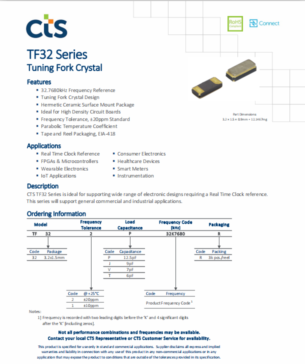 CTS晶振,贴片晶振,TF32晶振,TF322P32K7680R晶振