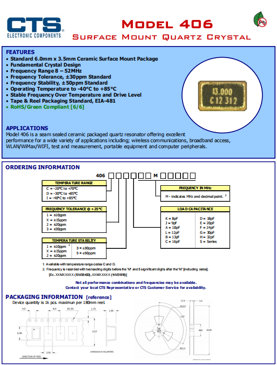 CTS晶振,贴片晶振,406晶振,音叉表晶
