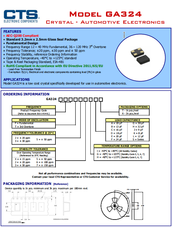CTS晶振,贴片晶振,GA324晶振,压电石英晶体