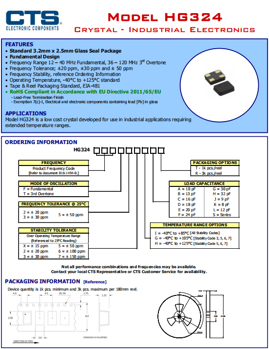 CTS晶振,贴片晶振,HG324晶振,耐高温晶振
