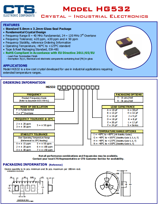 CTS晶振,贴片晶振,HG532晶振,低温晶振