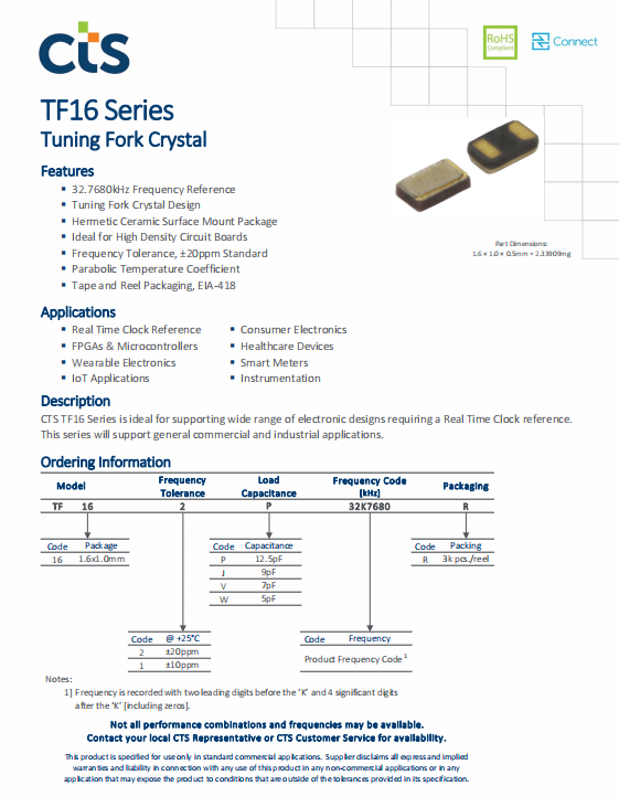 CTS晶振,贴片晶振,TF16晶振,TF162P32K7680R晶振