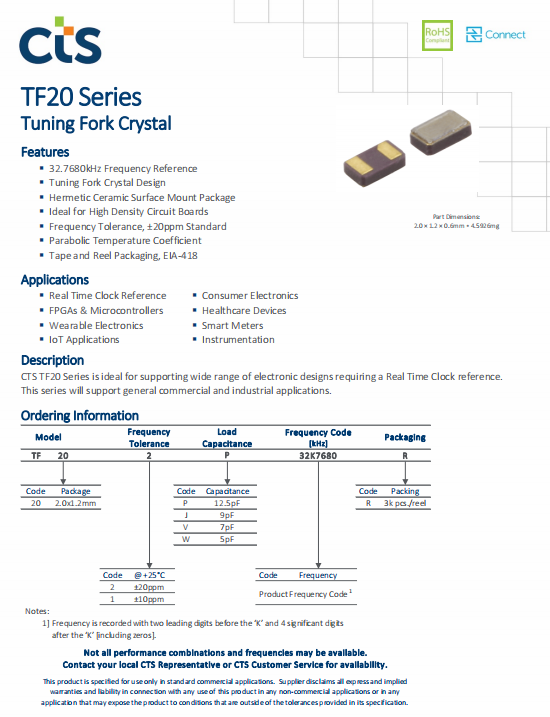 CTS晶振,贴片晶振,TF20晶振,TF202P32K7680R晶振