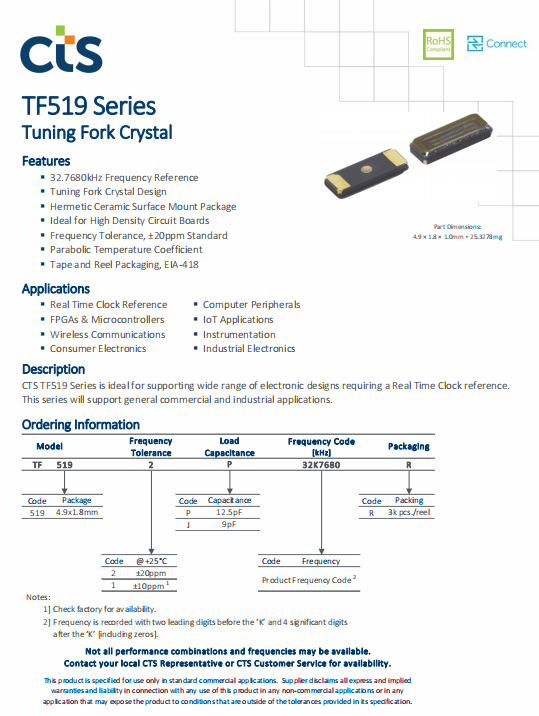 CTS晶振,贴片晶振,TF519晶振,平板电脑晶振