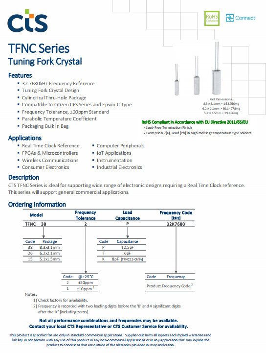 CTS晶振,石英晶振,TFNC38晶振,无铅表晶