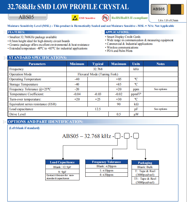 ABRACON晶振,贴片晶振,ABS05晶振,ABS05-32.768KHZ-T晶振