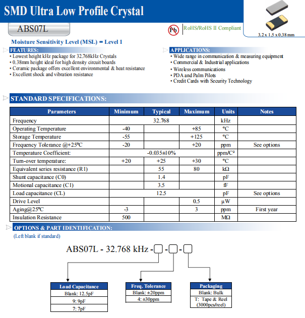 ABRACON晶振,贴片晶振,ABS07L晶振,ABS07L-32.768KHZ-T晶振