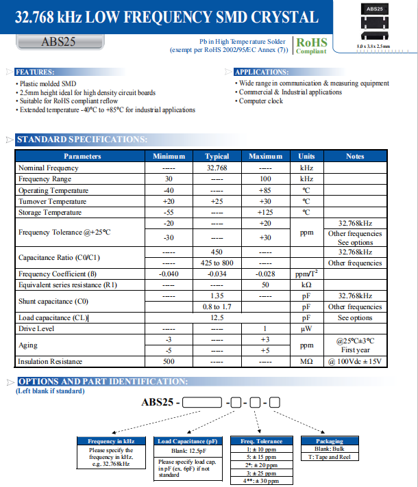 ABRACON晶振,贴片晶振,ABS25晶振,ABS25-32.768KHZ-T晶振
