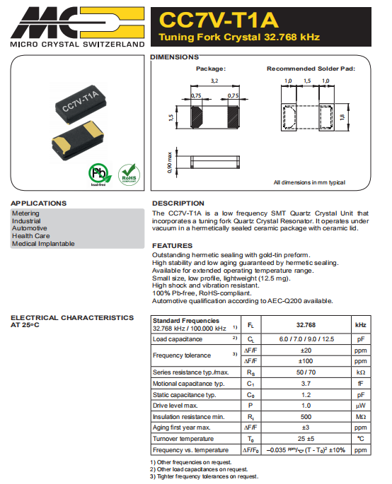 微晶晶振,贴片晶振,CC7V-T1A晶振,CC7V-T1A-32.768kHz-12.5pF-20PPM-TA-QC晶振