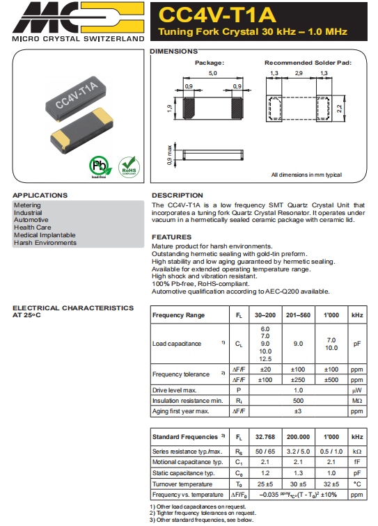 微晶晶振,贴片晶振,CC4V-T1A晶振,CC4V-T1A-32.768kHz-12.5pF-20PPM-TA-QC晶振