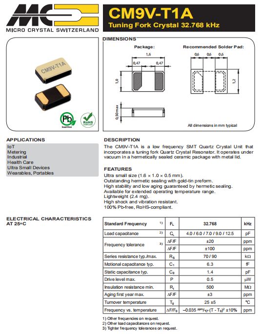 微晶晶振,贴片晶振,CM9V-T1A晶振,CM9V-T1A-32.768kHz-7pF-100PPM-TA-QC晶振
