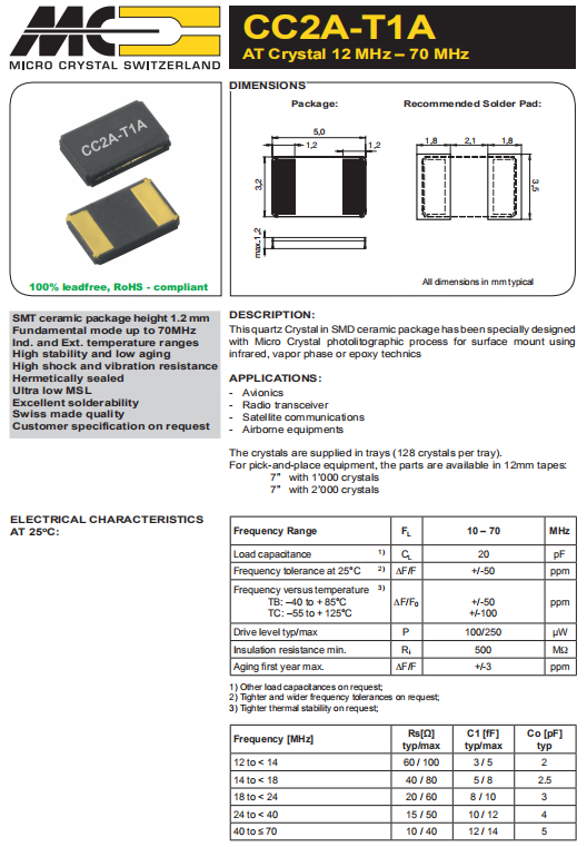 微晶晶振,贴片晶振,CC2A-T1A晶振,通讯设备晶振