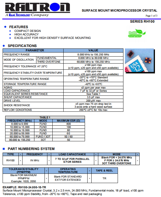 Raltron晶振,贴片晶振,RH100晶振,高精度晶振