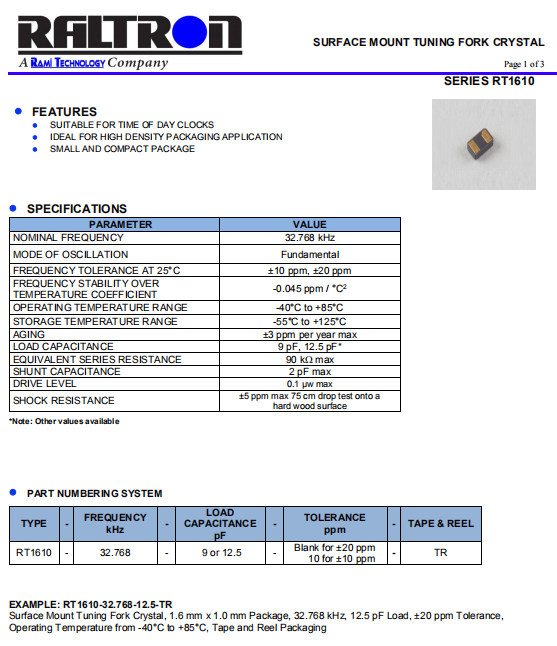 Raltron晶振,贴片晶振,RT1610晶振,千赫兹晶振