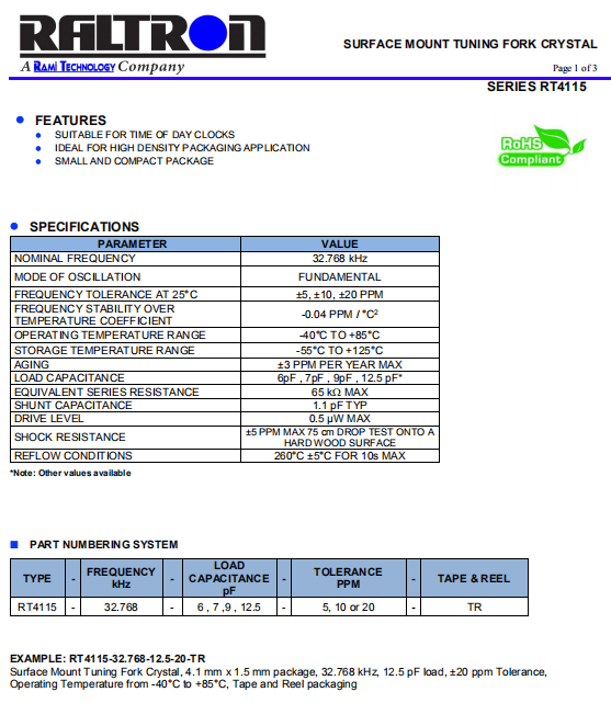 Raltron晶振,贴片晶振,RT4115晶振,无源石英晶振