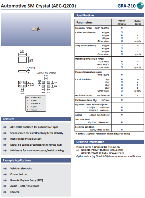 Golledge晶振,贴片晶振,GRX-210晶振,无铅晶振