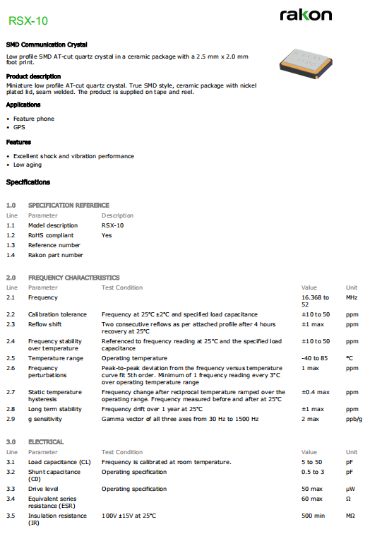 Rakon晶振,贴片晶振,RSX-10晶振,瑞康GPS晶振