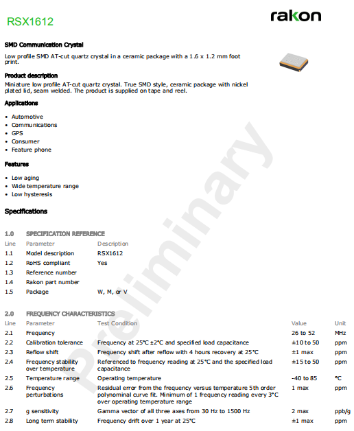 Rakon晶振,贴片晶振,RSX1612晶振,瑞康无源晶振