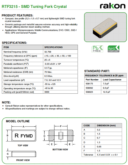 Rakon晶振,贴片晶振,RTF3215晶振,进口音叉晶振